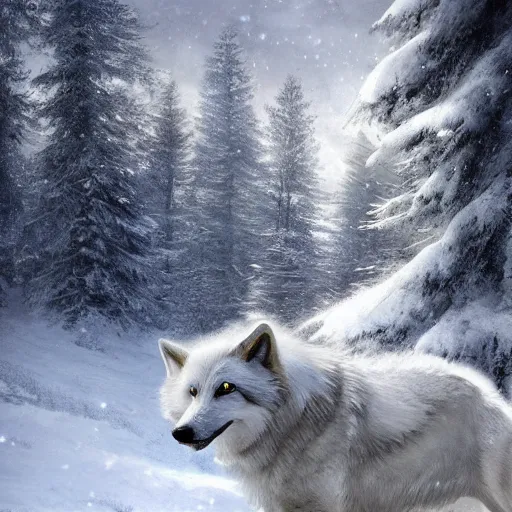 Prompt: a white wolf! on a snowy forest near a village, texture, intricate, details, highly detailed, masterpiece, architecture, building, trending on artstation, focus, sharp focus, concept art, digital painting, fantasy, sunny, day, midday