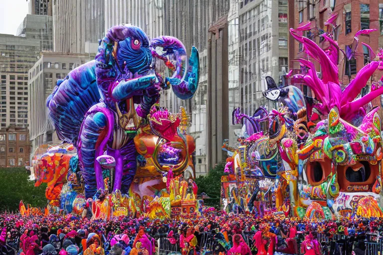 Image similar to photo of giant parade float designed by lisa frank and hr giger in the macys thanksgiving parade, detailed 4 k photo