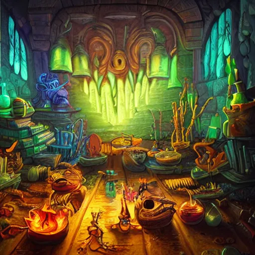 Image similar to these monsters are consumed by fire, yet they remain unharmed. they are surrounded by the tools of the alchemist's trade - beakers and test tubes full of colorful liquids, crystals, and books of ancient knowledge. the scene is suffused with an eerie glow, as if something magical is happening here. dramatic lighting epic glows eerily beautiful photograph