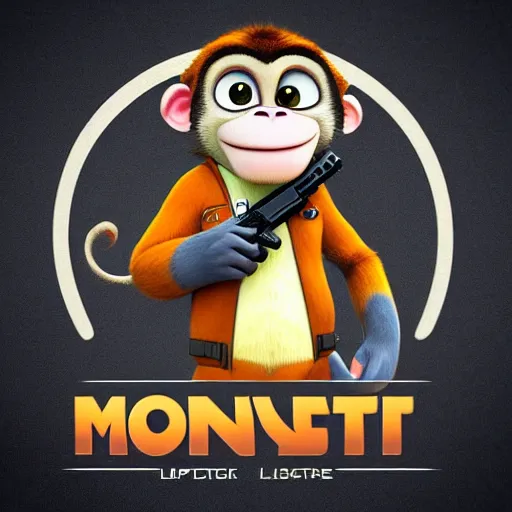 Image similar to “ logo of a monkey in the style of zootopia holding laser gun, with a black background, digital art, award winning, trending on art station, retro style ”