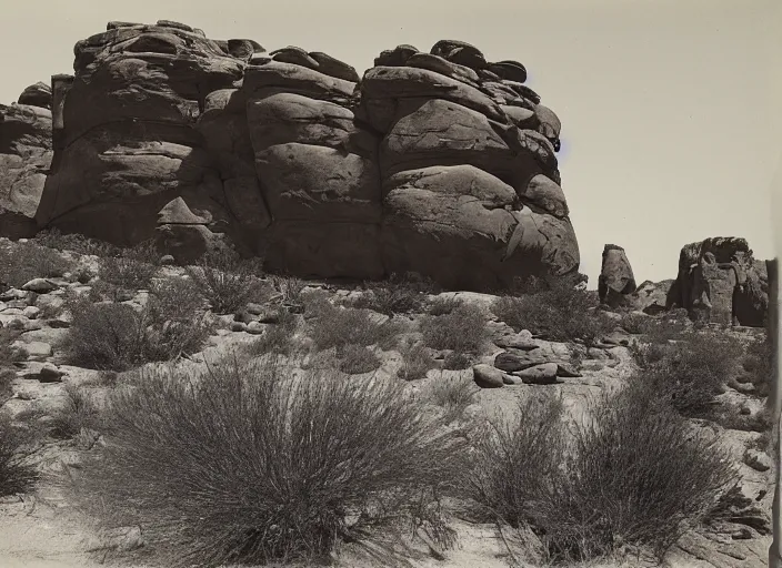 Image similar to Photograph of a chimney rock piercing through lush desert vegetation and boulders with distant mesas in the background, albumen silver print, Smithsonian American Art Museum