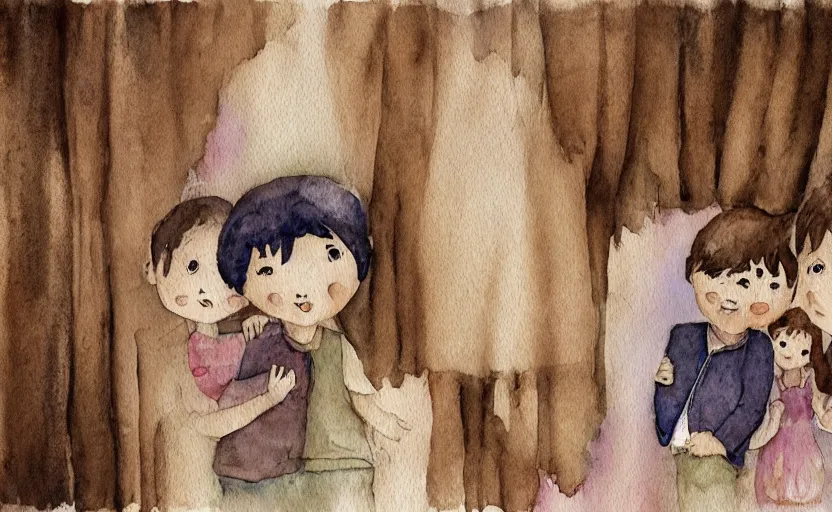 Image similar to storybook illustration of family portraits hanging on a wall, watercolor, sepia tints