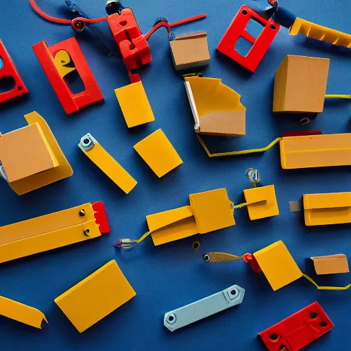 Prompt: photograph of a book being put together by a toy construction crew. Toy crane. white background, studio photography