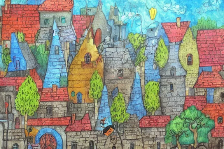 Prompt: a fantasy town, mixed media on canvas, 2 d, whimsical,