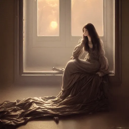 Image similar to A dreamy sleepy young woman with long dark hair, art by caspar gustave doré, highly detailed, oil painting, concept art, illustration, dim lighting with twilight rays of sunlight coming through the window with closed shutters, trending on artstation, very detailed, smooth, sharp focus, octane render