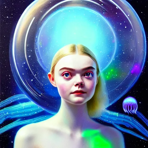 Prompt: portrait of a elle fanning wearing a spacesuit made of bioluminescent jellyfish in outer space, detailed realism face in painting, detailed beautiful portrait, oil painting masterpiece, 8 k resolution, smooth, sharp focus, trending on artstation, by bruce pennington