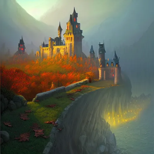 Image similar to Evil castle by Evgeny Lushpin, greg rutkowski,Dan Mumfordred,background mountains,autumn,halloween
