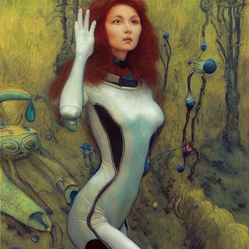 Prompt: beautiful woman in spacesuit, Martian forest, by Edgar Maxence and Ross Tran and Michael Whelan and Gustav Klimpt