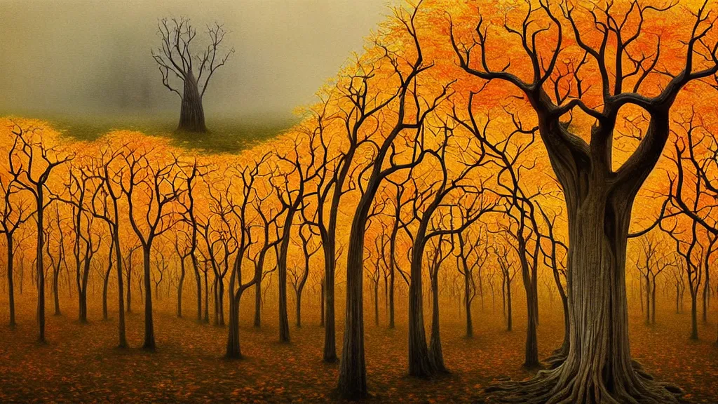 Image similar to surreal landscape, surrealism, symmetrical, whirling autumn trees, esao andrews, victor enrich, dali