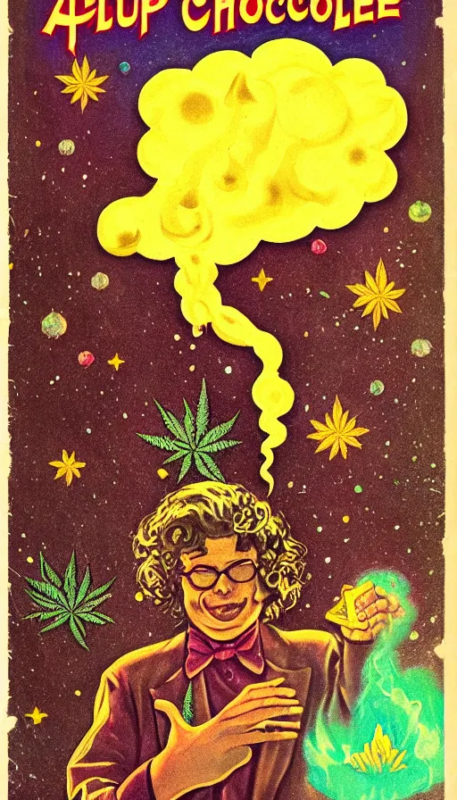 Image similar to pulp cover of a magical chocolate chunks cookie, wizard, fantasy, tetrahydrocannabinol, thc, hallucination, colored smoke, sparkles, sativa, indica, illustration, 5 0 s, risography,