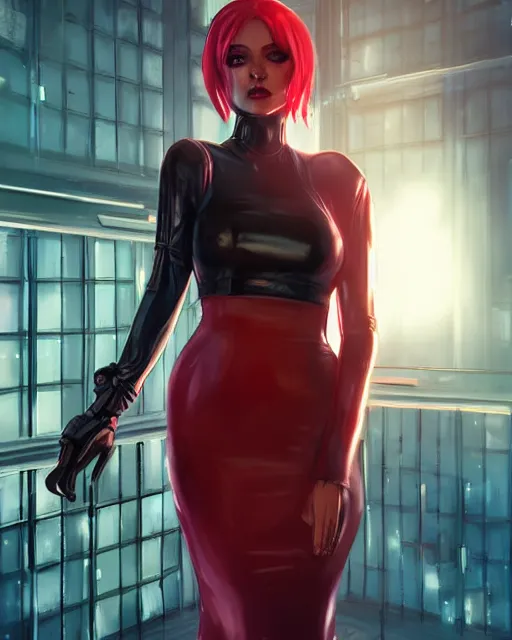 Image similar to Portrait of a futuristic rogue by Charlie Bowater, latex dress, gothic, short red hair, complementary rim lights, backlit, posing, cyberpunk city backdrop