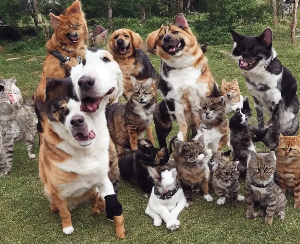 Prompt: cute dog with enormous biceps shouting at a group of cats