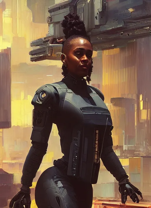 Prompt: Sgt. Maria igbo. Strong cyberpunk female USN marine wearing a military vest and powerful military cyberpunk exo-suit (cyberpunk 2077, bladerunner 2049). gorgeous face. Iranian orientalist portrait by john william waterhouse and Edwin Longsden Long and Theodore Ralli and Nasreddine Dinet, oil on canvas. Cinematic, hyper realism, realistic proportions, dramatic lighting, high detail 4k