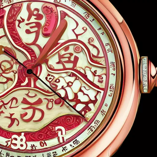 Image similar to hyper realistic watch face macro chinese numerals, van cleef and arpels, photorealistic, photograph, macro
