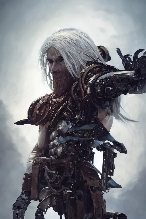 Image similar to a portrait of a toned male cyborg archer with long white hair and pale skin with joints still visible by greg rutkowski, sung choi, mitchell mohrhauser, maciej kuciara, johnson ting, maxim verehin, peter konig, bloodborne, 8 k photorealistic, cinematic lighting, hd, high details, dramatic, dark atmosphere, trending on artstation