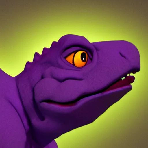 Prompt: barney the dinosaur in a dim purple lit room, melancholy, trending on artstation