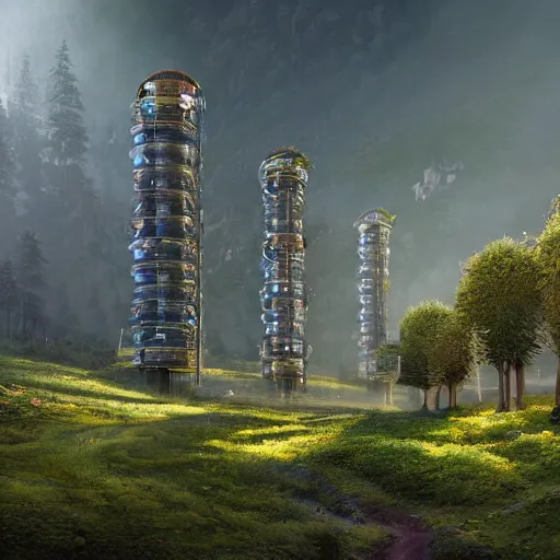 Image similar to vertical farm towers and sci - fi round buildings in a steep sided valley with trees, a sense of hope and optimism, hyper realistic, high res, 4 k, warm light, edouard groult, bynde, kirill leonov, isaac zuren