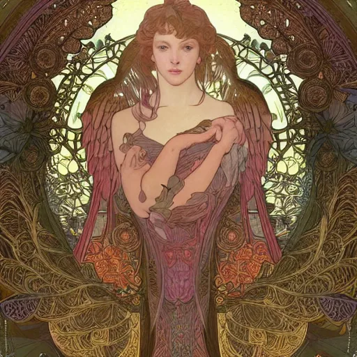 Image similar to a beautiful intricate illustration of a beautifull angel of nature, leaves, 4 k, ultra - wide angle, by william turner, by victo ngai, by alphonse mucha, by moebius, by gustave dore, hd, trending on artstation, hyper detailed, muted intense colors