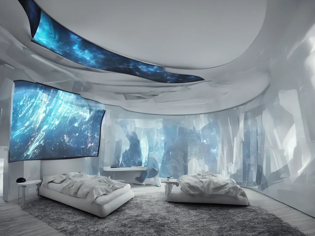 Image similar to bedroom with curved translucent screens projecting detailed sci - fi art ( 2 0 4 2 ), pixel perfect photograph, high contrast, volumetric lighting, thin glowing lights, chair, users, pair of keys