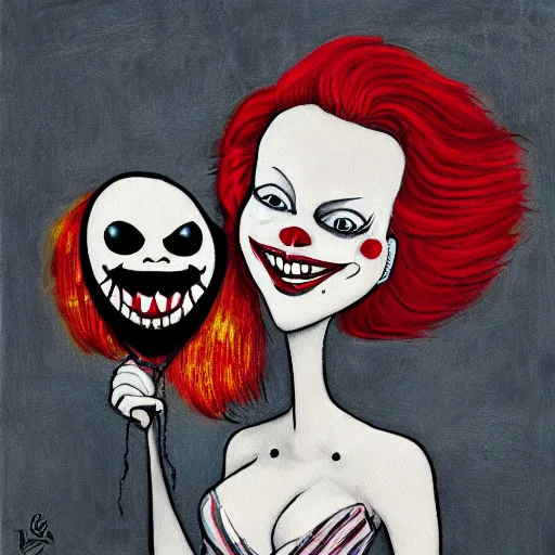 Prompt: grunge cartoon painting of margot robbie with a wide smile and a red balloon by chris leib, loony toons style, pennywise style, corpse bride style, horror theme, detailed, elegant, intricate