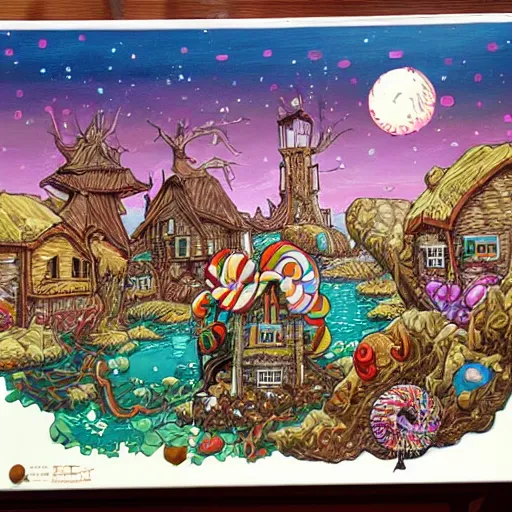 Image similar to acrylic painting, art in the style of Terry Moore, Moebius and Mohrbacher, a tiny village created out of candy with a river of chocolate, intricately detailed