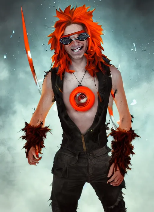 Image similar to An epic fantasy comic book style portrait painting of young man with red spiked long hair, using an orange lens googles. Wearing a black waistcoat, white shirt. He is with a vicious smile in face. Unreal 5, DAZ, hyperrealistic, octane render, cosplay, RPG portrait, dynamic lighting