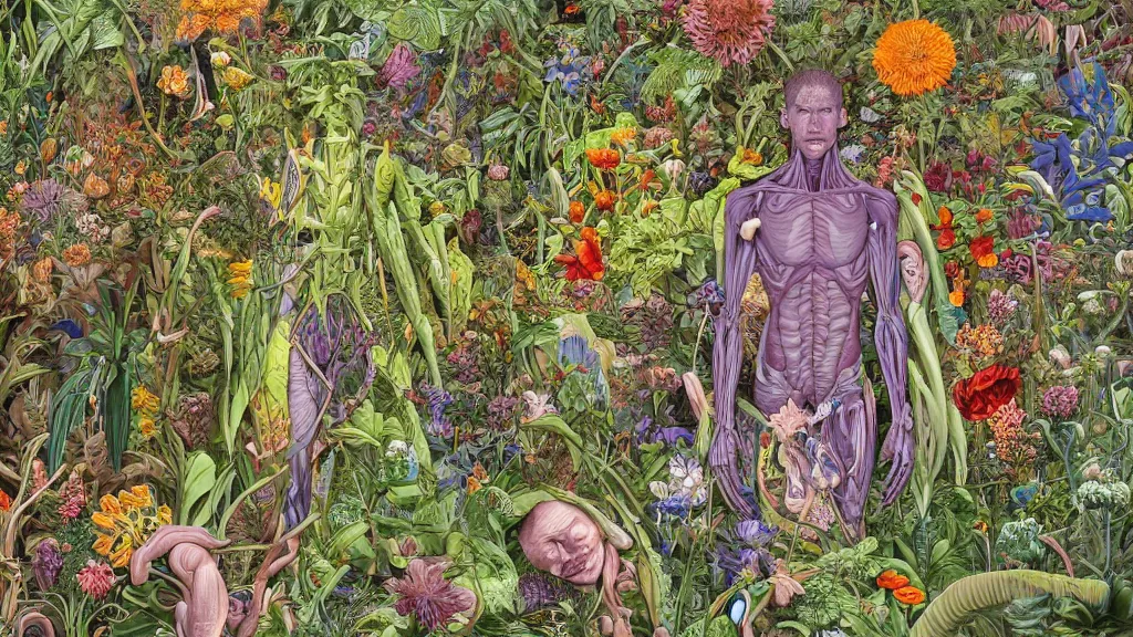 Image similar to highly detailed illustration of a single human anatomy body surrounded by all the known species of plants and flowers by juan gatti, by moebius!, by oliver vernon, by joseph moncada, by damon soule, by manabu ikeda, by kyle hotz, by dan mumford, by kilian eng