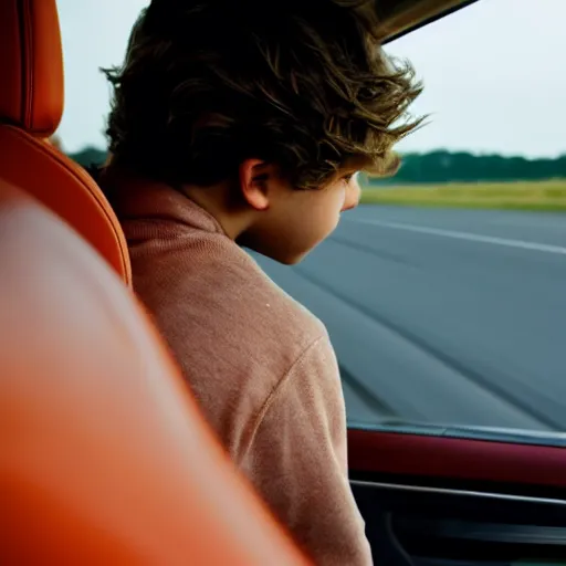 Prompt: a cinematic shot of a grown boy from behind his back looking out of his car window from the passanger seaf and his long hair flowing due to the wind, sky is orangish outside, the shot carries least segments from inside the car