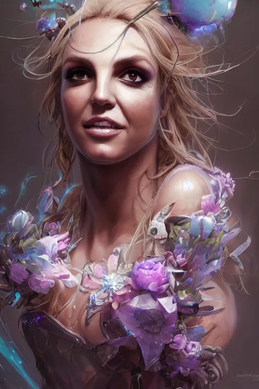 Image similar to britney face closeup of beautiful girl necromancer, witch - doctor covered with crystals exploding into ice, 3 d render, hyper realistic detailed portrait, holding magic flowers, ruan jia, wlop. scifi, fantasy, hyper detailed, octane render, concept art, peter mohrbacher