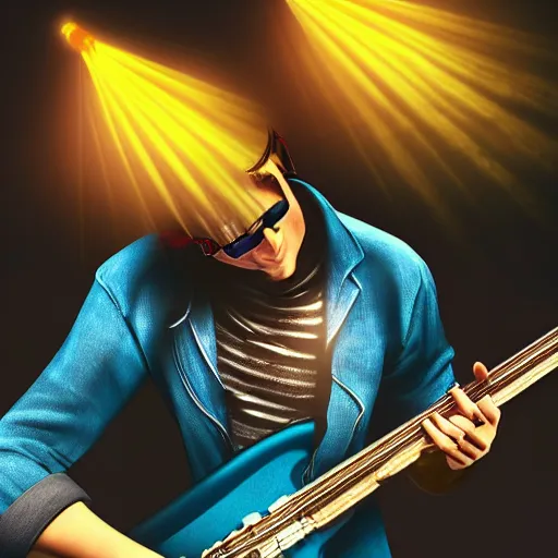 Prompt: poster of musician playing electric guitar, rockband, lights and music behind, ultra realistic, epic games, intricate details