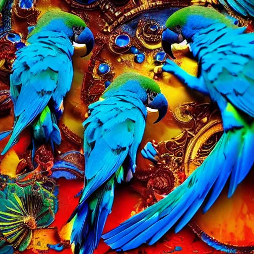 Image similar to blue parrots emerging from fluids mixing, atmospheric liquids, ornate intricate, hyper realistic, 16k, post processing, saturated blue colors, nature background