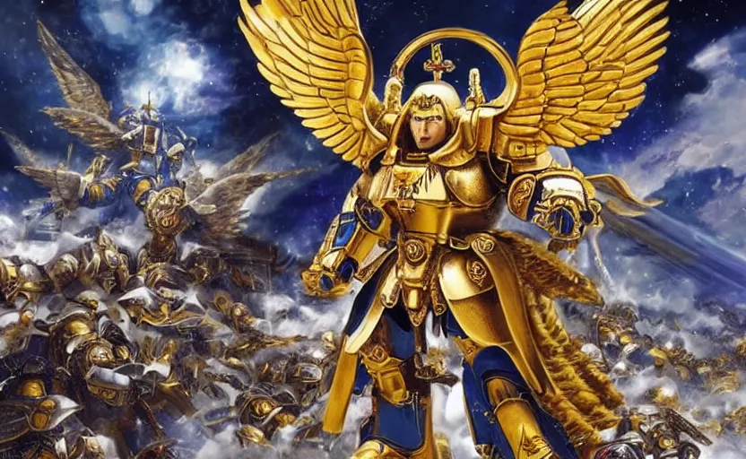 Image similar to the golden primarch of the emperor with angelic wings leading space marines into war, warhammer 40k anime