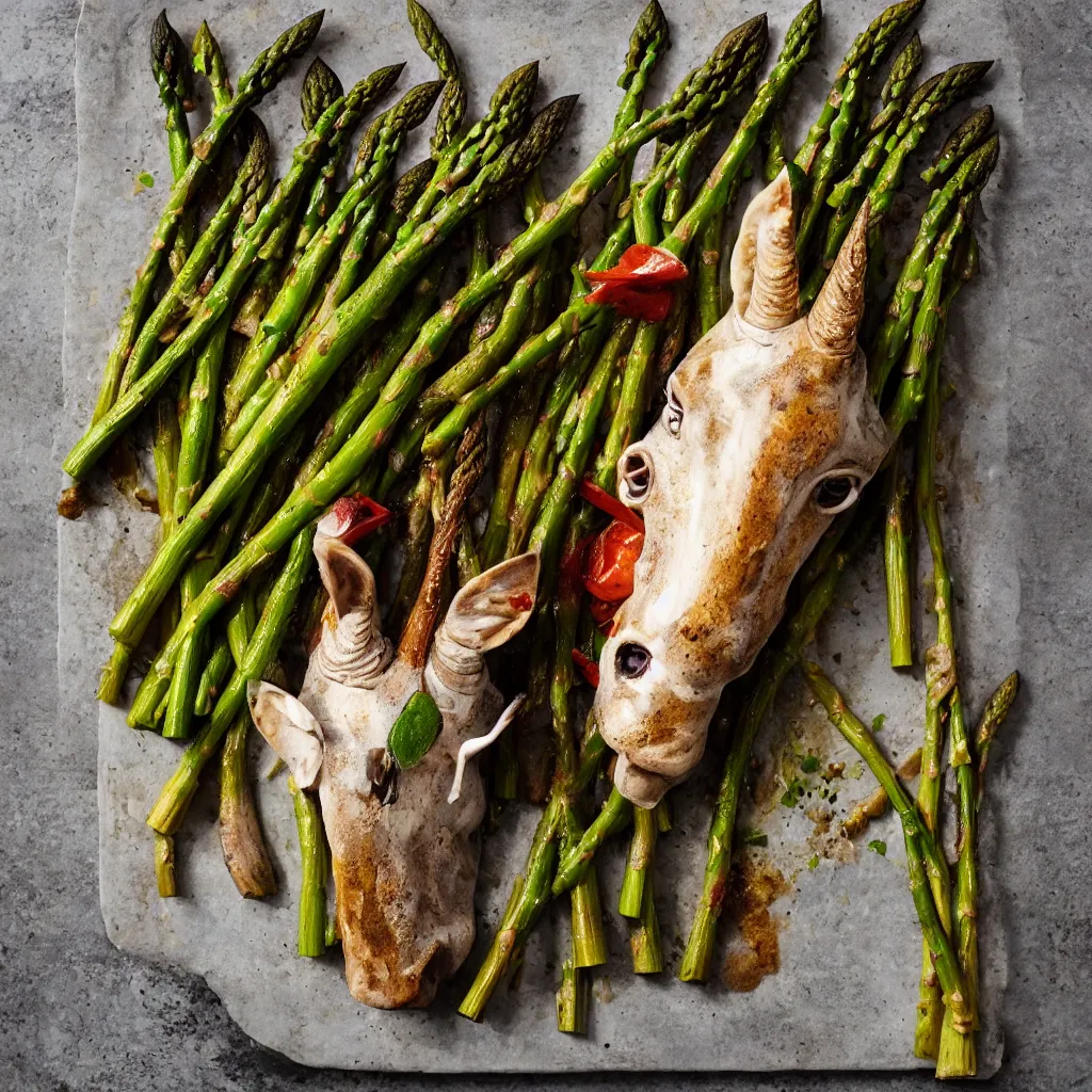 Image similar to roasted unicorn head served with green asparagus. 4 k food photography, image from bbc good food magazine