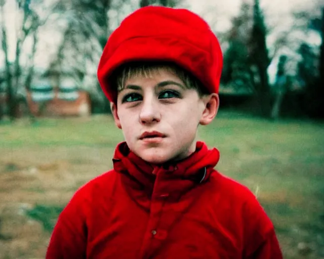 Prompt: a lomographic portrait photo of soviet boy in soviet yard in small town, bokeh