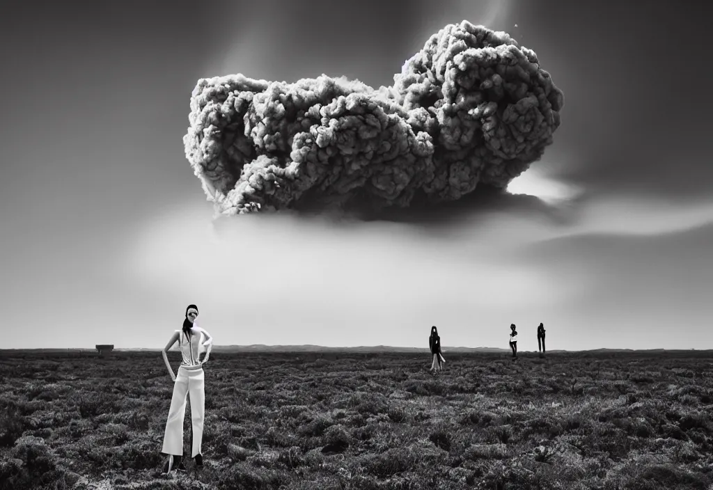 Image similar to fashion editorial in front of nuclear explosion cloud. wide angle shot. highly detailed. depth of field. high definition. 8k. photography.