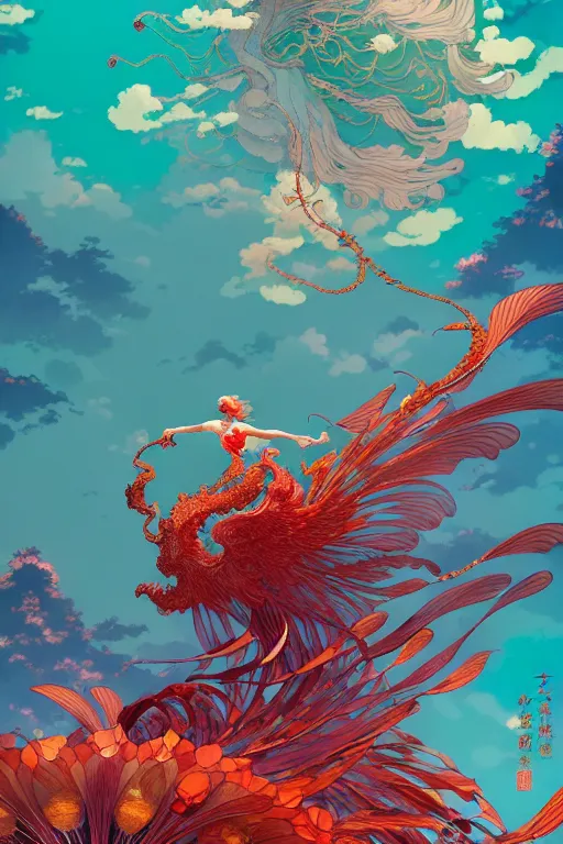 Image similar to a beautiful hyperdetailed character design 4 k wallpaper illustration of a huge reddish phoenix, victo ngai style, from china, style of studio ghibli, makoto shinkai, raphael lacoste, louis comfort tiffany, denoise, deblurring, artgerm, xision, james jean, ross tran, chinese style