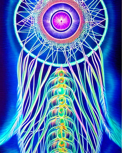 Image similar to detailed realistic dreamcatcher geometric glow painting a jellyfish emitting light in the cosmos by alex grey symmetry