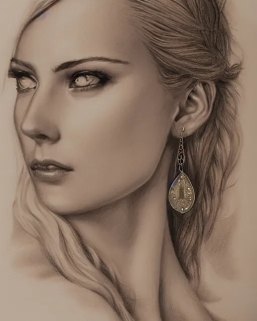 Image similar to pencil drawing of a beautiful greek goddess aphrodite with arrowhead earrings, beautiful piercing eyes, beautiful blonde hair, hyper realistic face, in the style of greg rutkowski, fantasy, amazing detail, epic, elegant, smooth, sharp focus, from the front