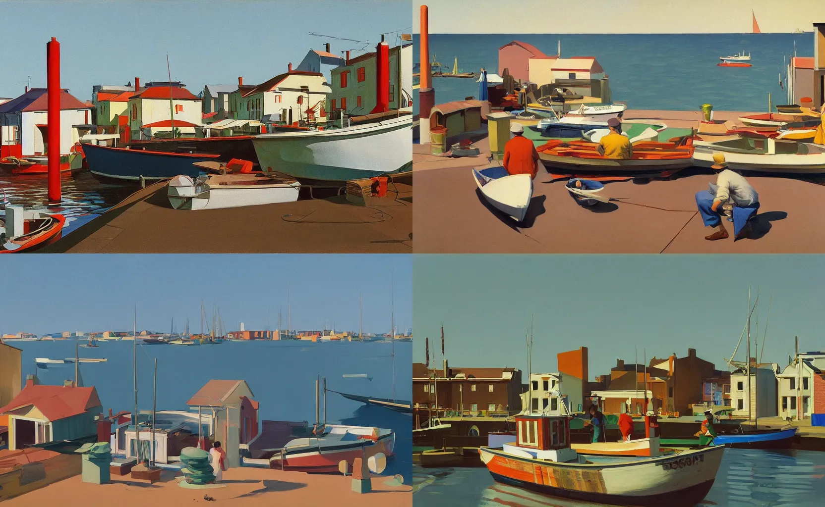 Prompt: a small fishing village by the portside, painting by Syd Mead, Edward Hopper and William Eggleston and Peter Chan, 5 point perspective