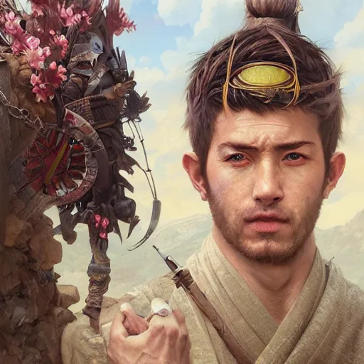 Image similar to Hyper realistic detailed portrait of Kurdish samurai, Stephen Bliss, unreal engine, fantasy art by Greg Rutkowski, Loish, Rhads, ferdinand knab, Makoto Shinkai and Lois van baarle, ilya kuvshinov, rossdraws, Tom Bagshaw, alphonse mucha, global illumination, radiant light, detailed and intricate environment, highly detailed, award winning art