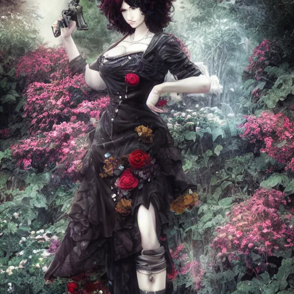 Image similar to goth christina hendricks with flowers in her hand, tankoban, 4 k, tone mapping, akihiko yoshida, james jean andrei riabovitchev marc simonetti, yoshitaka amano, long hair, curly, h. hydrochaeri