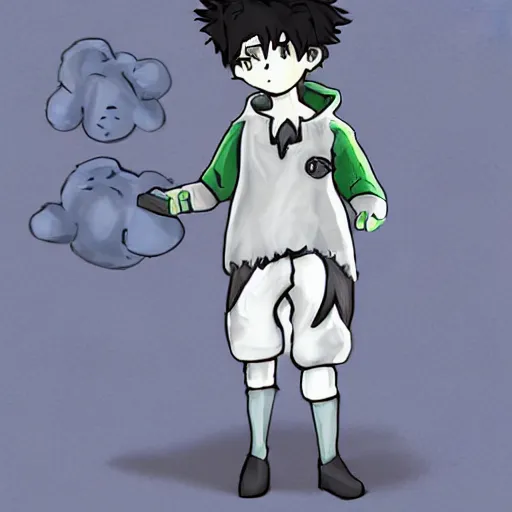 Image similar to boy wearing sheep suit. white, gray, blue, green and brown pallet color. made in abyss art style, inspired in chris from deltarrune, high details