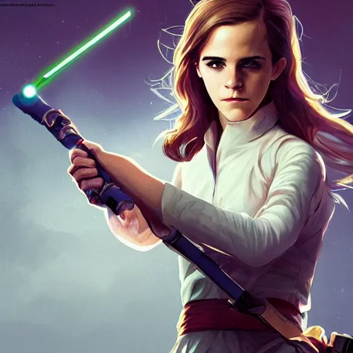 Prompt: emma watson holding a lightsaber, by wlop, trending on artstation, concept art, illustration, intricate, ornate, 8 k, highly detailed