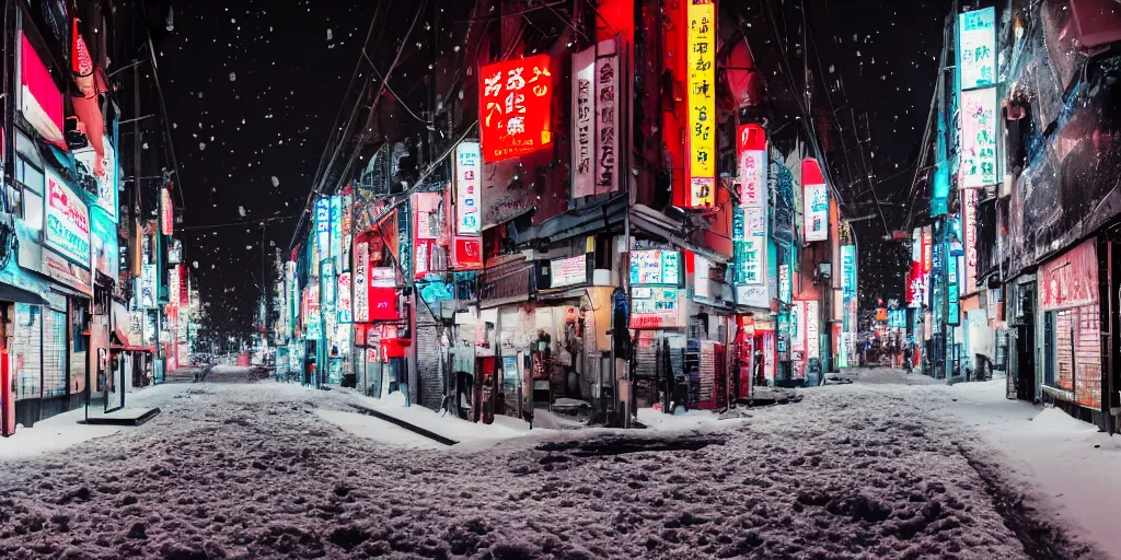 Prompt: a city street at night, snowing, photograph, cyberpunk, sharp focus, intricate detail, drone shot, high resolution, 8k, neon streetlights, wires hanging down everywhere, Japan, colourful, Shrine in centre,