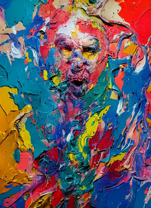 Image similar to abstract expressionist mid shot portrait of a man made of very thick impasto paint and acrylic pour and coloured powder explosion and splashing paint and dripping paint and flying paint chunks, eyes closed or not visible, expressing strong emotions, art by antony micallef, motion blur, hyperrealistic, intricate art photography, anatomically correct, realistic crisp textures, 1 6 k