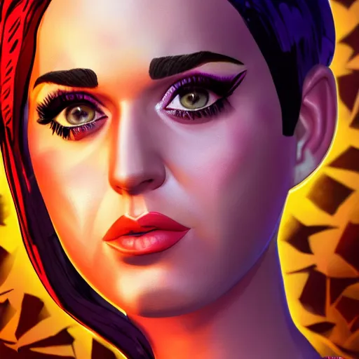 Image similar to katy perry portrait, borderlands, tales from the borderlands, the wolf among us, comic, cinematic lighting, studio quality, 8 k