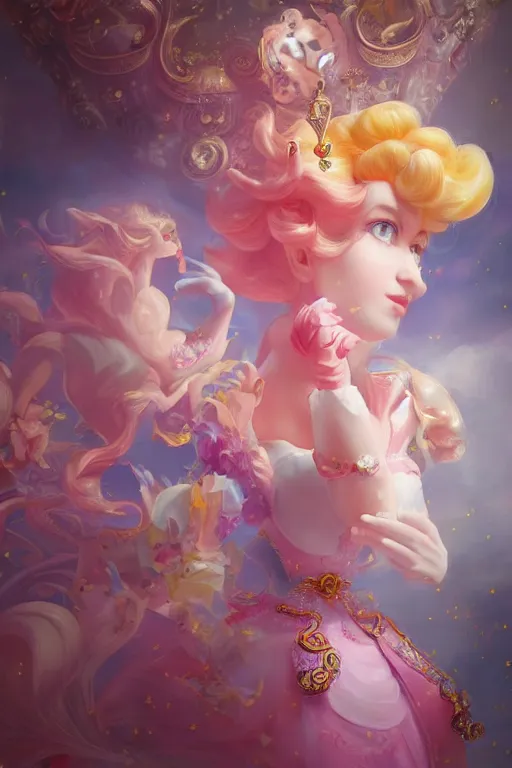 Image similar to Princess peach, super mario, dramatic, elaborate emotive Baroque and Rococo styles to emphasize beauty as a transcendental, 8k image, ultra-realistic, the style of WLOP