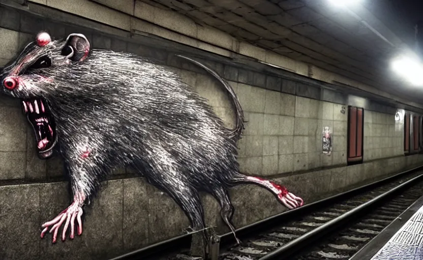 Image similar to very large giant mutant zombie irradiated rat sraying on railways in tonnel of moscow subway. extreme high detail. low dark light, scary atmosphere.