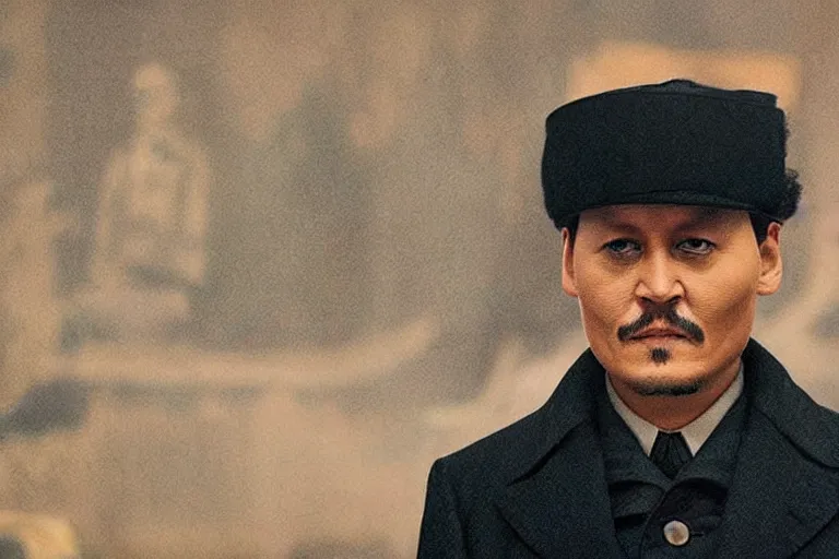 Image similar to Johnny Depp as Mao Zedong in 'China!' (2024), movie still frame, promotional image, imax 70 mm footage, oscar nominated cinematography, volumetric lighting, 8k resolution