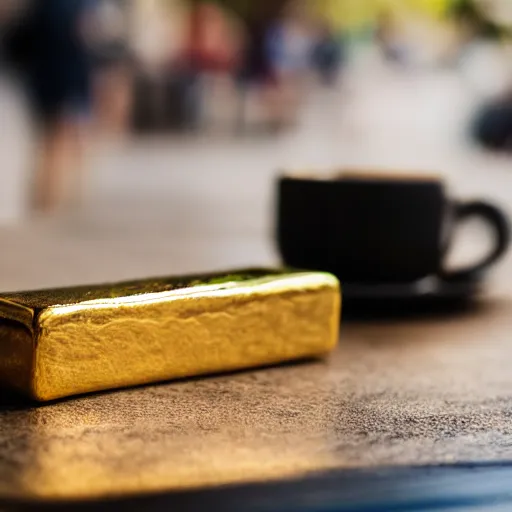 Image similar to a solid gold bar on a cafe table on a sunny day, f / 1. 9 6. 8 1 mm iso 4 0